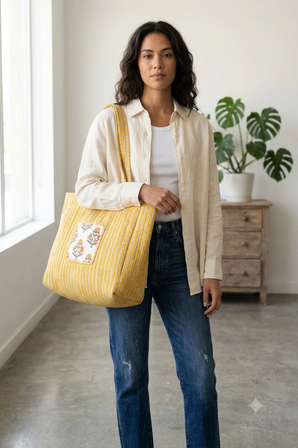 REVERSIBLE QUILTED TOTE BAGS - FLORAL - MUSTARD