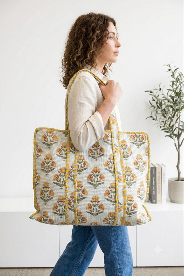 REVERSIBLE QUILTED TOTE BAGS - FLORAL - MUSTARD