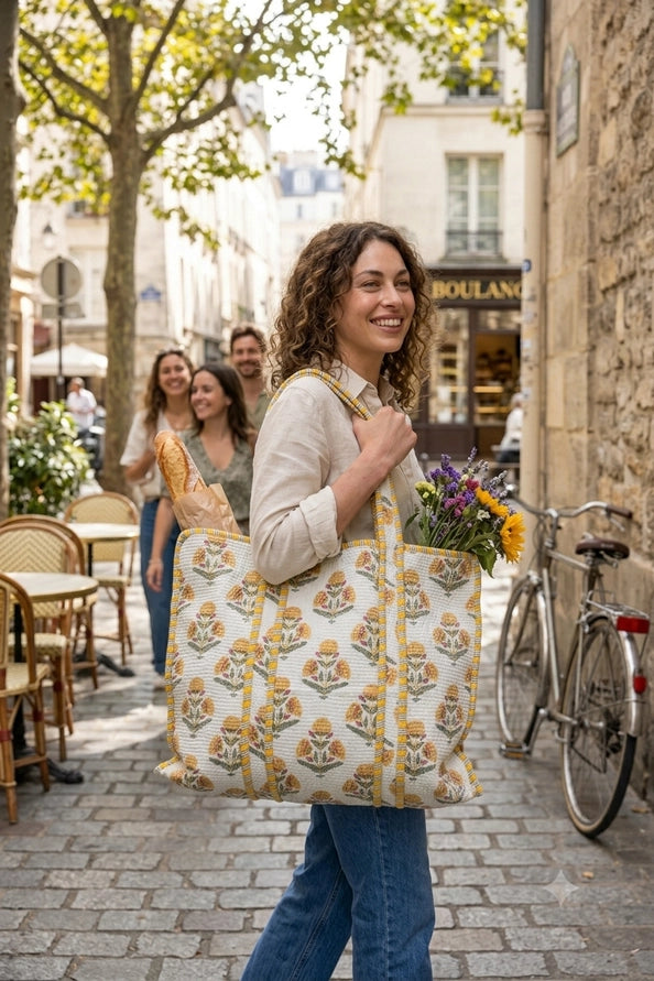 REVERSIBLE QUILTED TOTE BAGS - FLORAL - MUSTARD