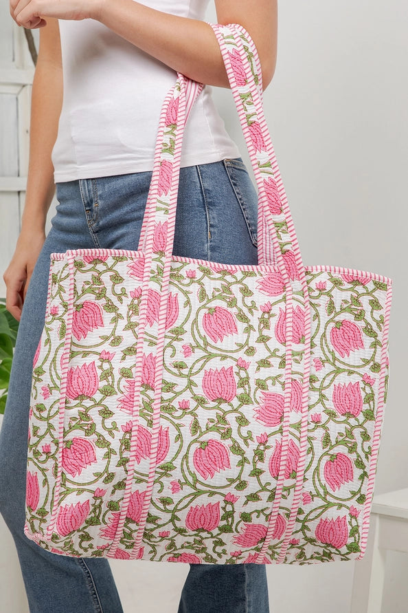 REVERSIBLE QUILTED TOTE BAGS - FLORAL - PINK