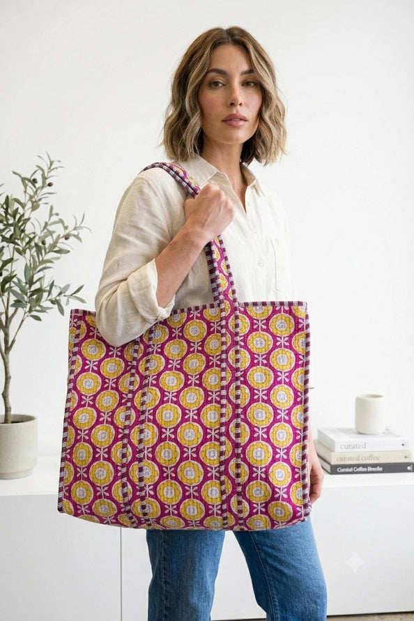 REVERSIBLE QUILTED TOTE BAGS - FLORAL - PINK GOLD