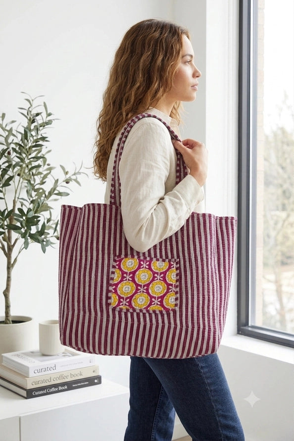 REVERSIBLE QUILTED TOTE BAGS - FLORAL - PINK GOLD