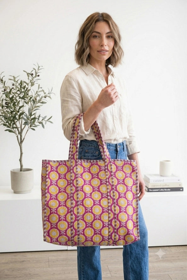 REVERSIBLE QUILTED TOTE BAGS - FLORAL - PINK GOLD