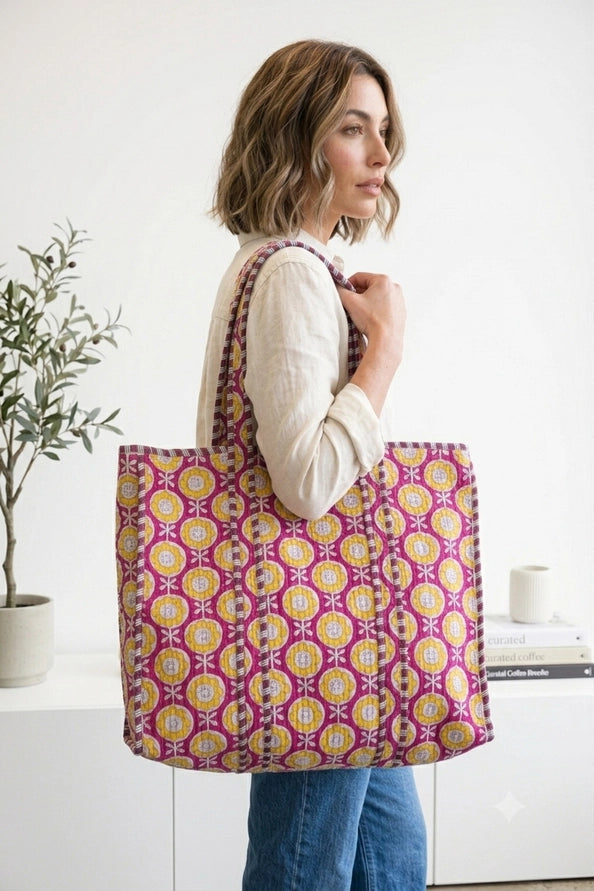 REVERSIBLE QUILTED TOTE BAGS - FLORAL - PINK GOLD