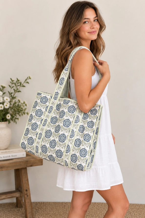 REVERSIBLE QUILTED TOTE BAGS - FLORAL - SAGE BLUE