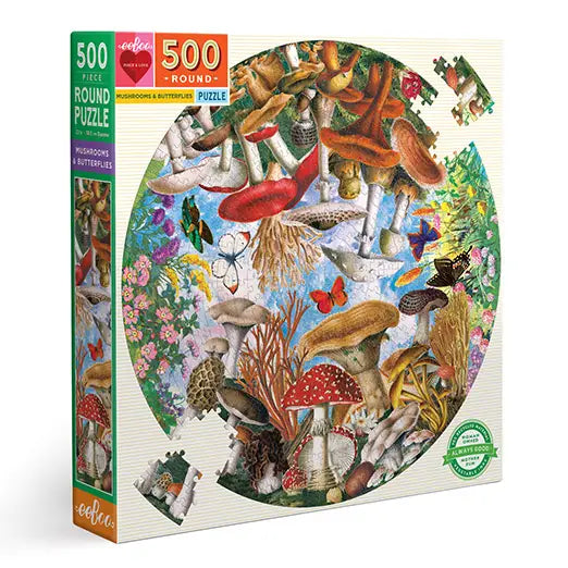 MUSHROOMS AND BUTTERFLIES - 500 PIECE ROUND JIGSAW PUZZLE