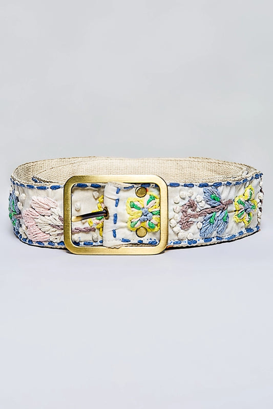 HANDCRAFTED EMBROIDERED FLORAL BOHO BELT - BLUSH MULTICOLOR - ONE SIZE