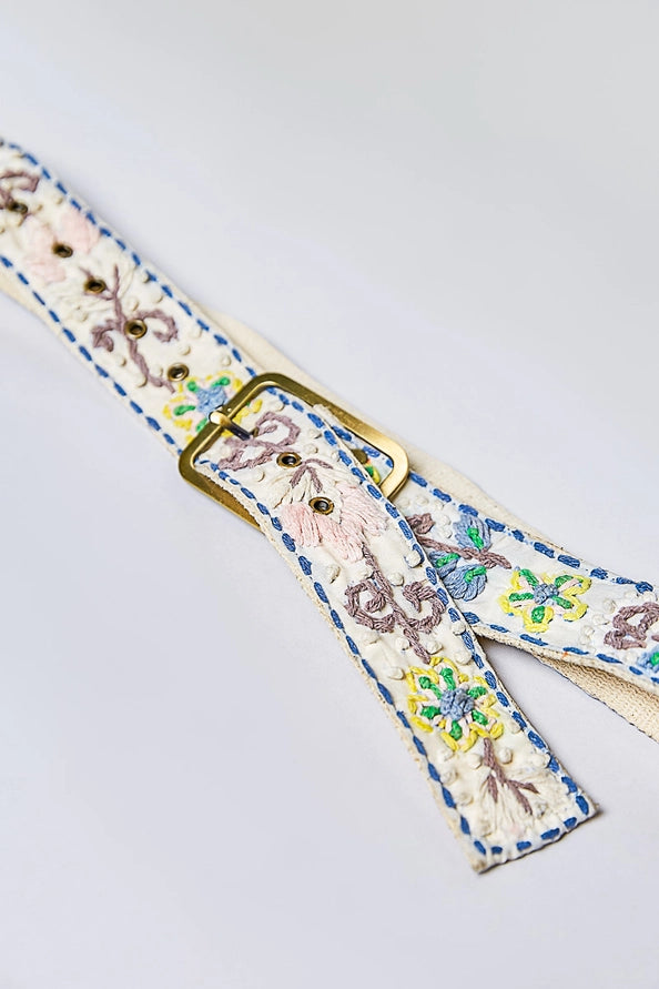 HANDCRAFTED EMBROIDERED FLORAL BOHO BELT - BLUSH MULTICOLOR - ONE SIZE