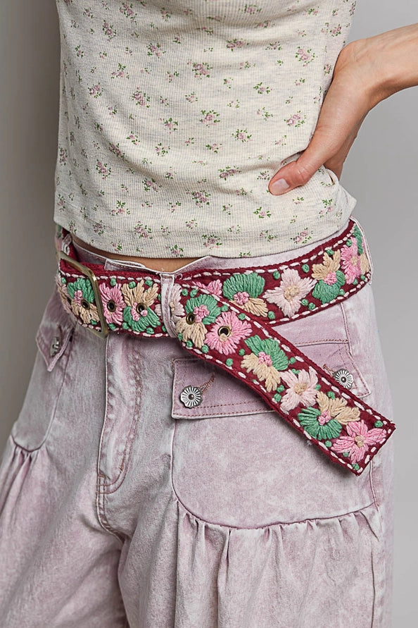 HANDCRAFTED EMBROIDERED FLORAL BOHO BELT - BRICK MULTICOLOR - ONE SIZE