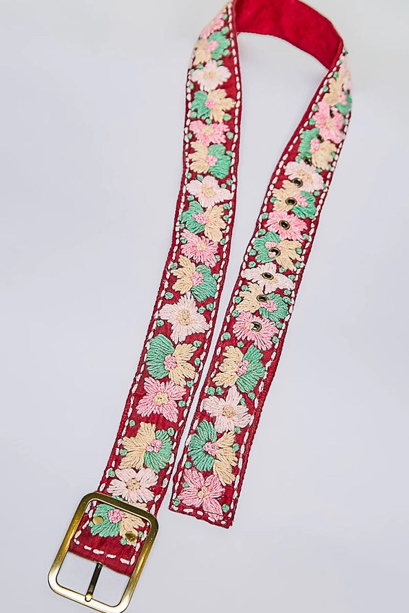 HANDCRAFTED EMBROIDERED FLORAL BOHO BELT - BRICK MULTICOLOR - ONE SIZE