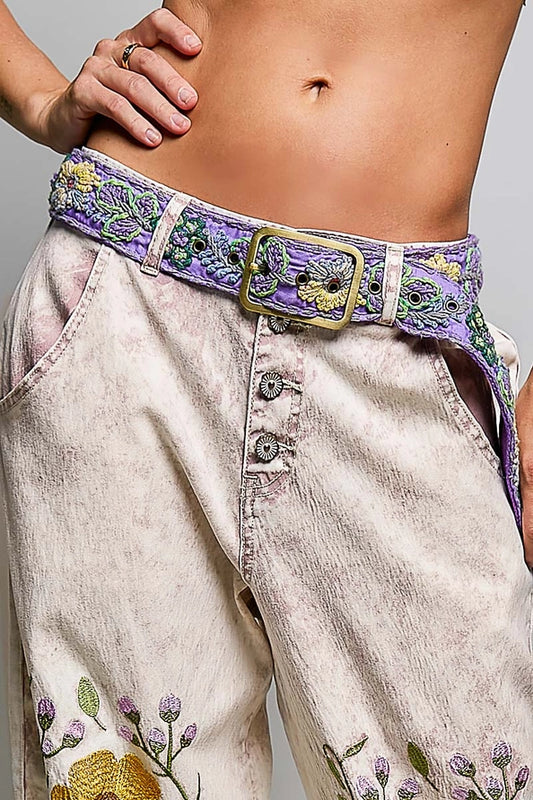 HANDCRAFTED EMBROIDERED FLORAL BOHO BELT - LILAC MULTICOLOR - ONE SIZE