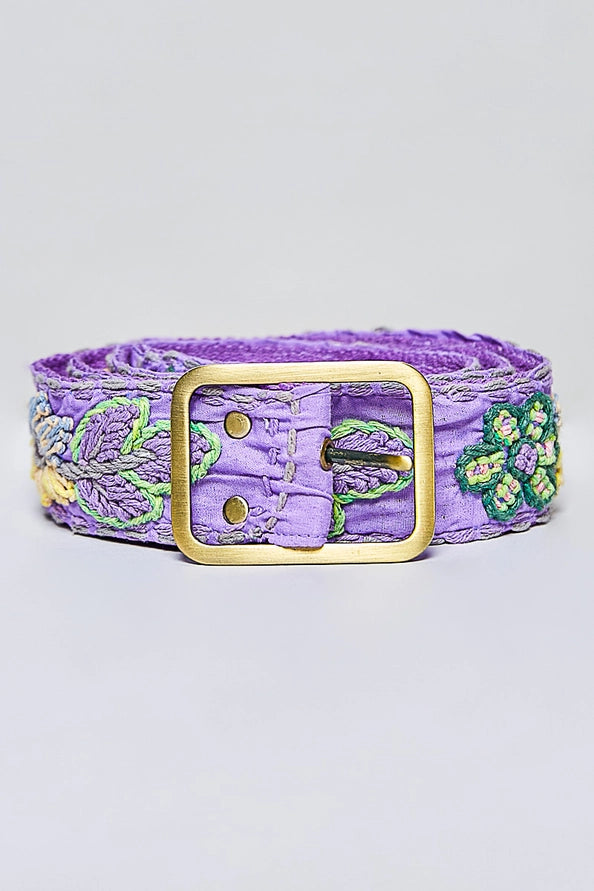 HANDCRAFTED EMBROIDERED FLORAL BOHO BELT - LILAC MULTICOLOR - ONE SIZE