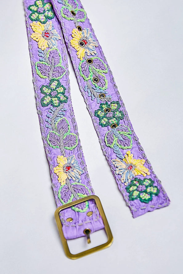 HANDCRAFTED EMBROIDERED FLORAL BOHO BELT - LILAC MULTICOLOR - ONE SIZE