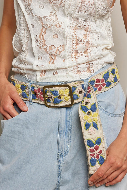 HANDCRAFTED EMBROIDERED FLORAL BOHO BELT - BLUE MULTICOLOR - ONE SIZE (Copy)
