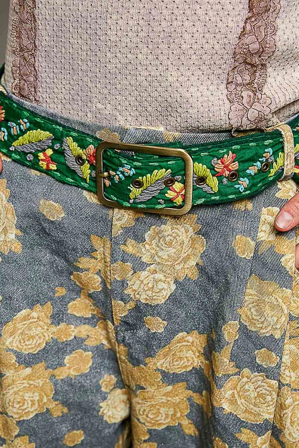 HANDCRAFTED EMBROIDERED FLORAL BOHO BELT - GREEN MULTICOLOR - ONE SIZE