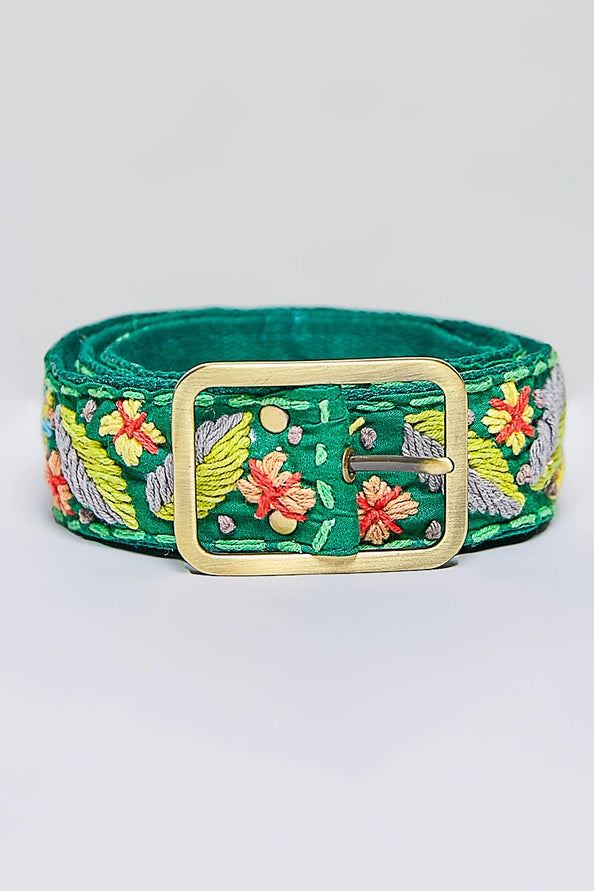 HANDCRAFTED EMBROIDERED FLORAL BOHO BELT - GREEN MULTICOLOR - ONE SIZE