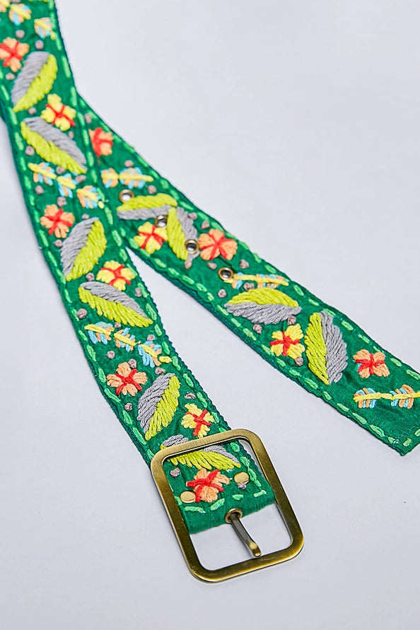 HANDCRAFTED EMBROIDERED FLORAL BOHO BELT - GREEN MULTICOLOR - ONE SIZE