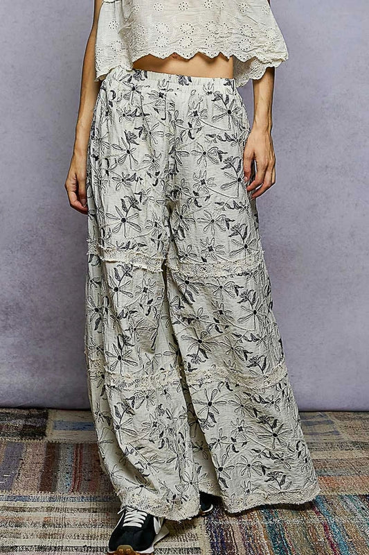 CROCHET AND LACE, EMBROIDERED FLORAL PATTERN PANTS
