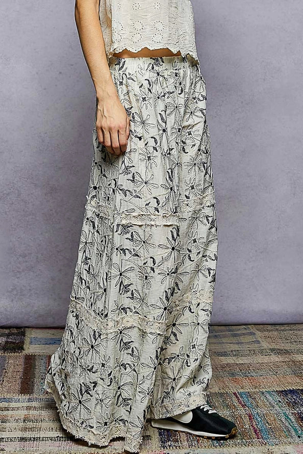 CROCHET AND LACE, EMBROIDERED FLORAL PATTERN PANTS