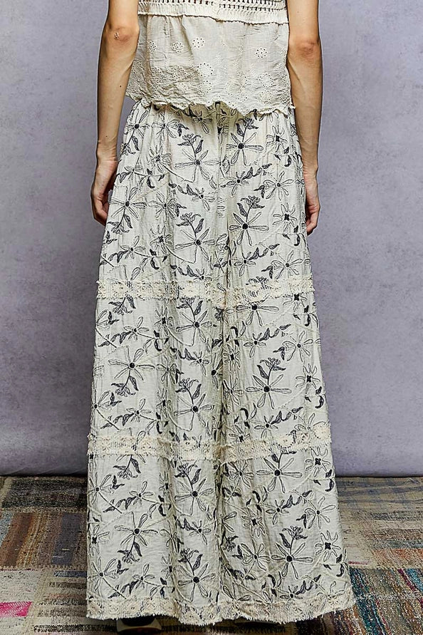 CROCHET AND LACE, EMBROIDERED FLORAL PATTERN PANTS