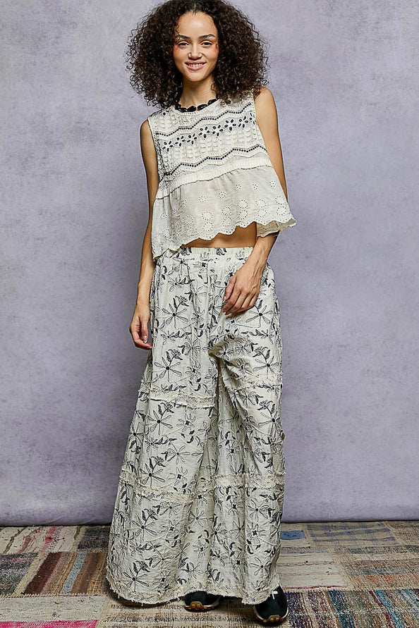 CROCHET AND LACE, EMBROIDERED FLORAL PATTERN PANTS