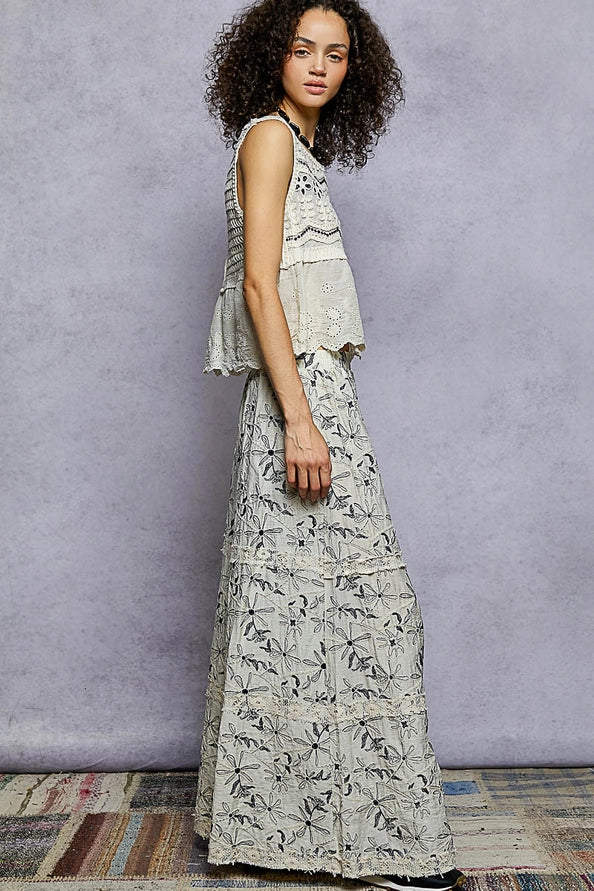 CROCHET AND LACE, EMBROIDERED FLORAL PATTERN PANTS