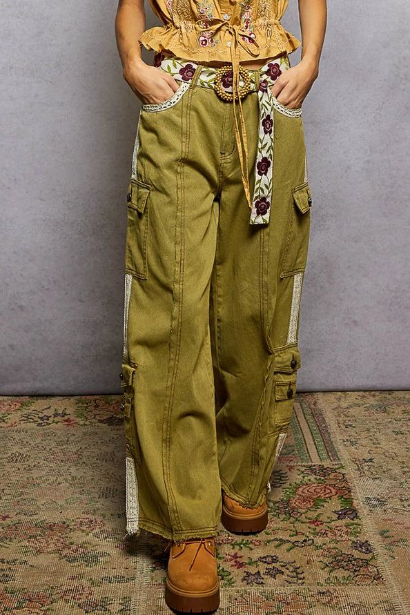 TRIM DETAIL TWILL WOVEN PANTS - OLIVE