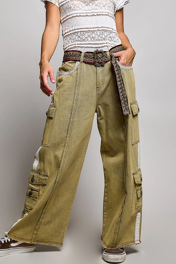 TRIM DETAIL TWILL WOVEN PANTS - OLIVE