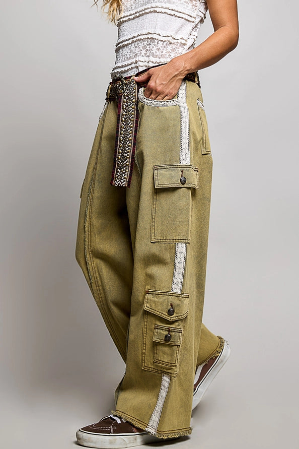 TRIM DETAIL TWILL WOVEN PANTS - OLIVE