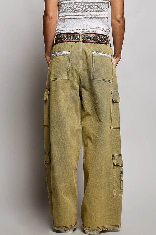 TRIM DETAIL TWILL WOVEN PANTS - OLIVE