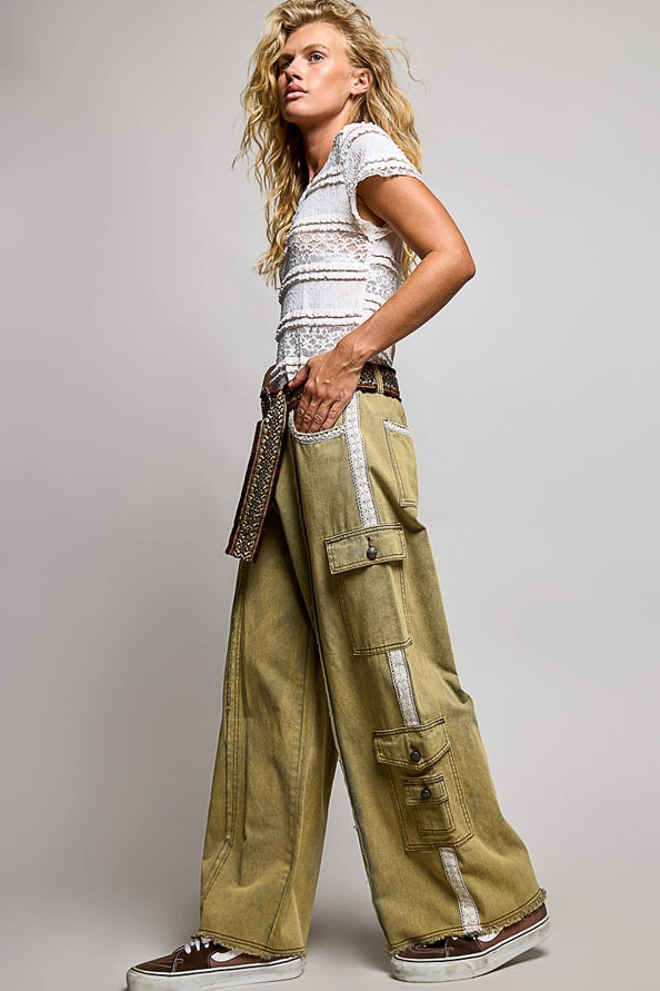 TRIM DETAIL TWILL WOVEN PANTS - OLIVE