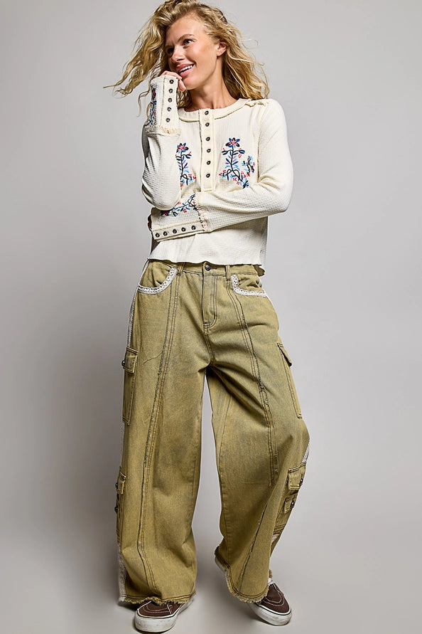 TRIM DETAIL TWILL WOVEN PANTS - OLIVE