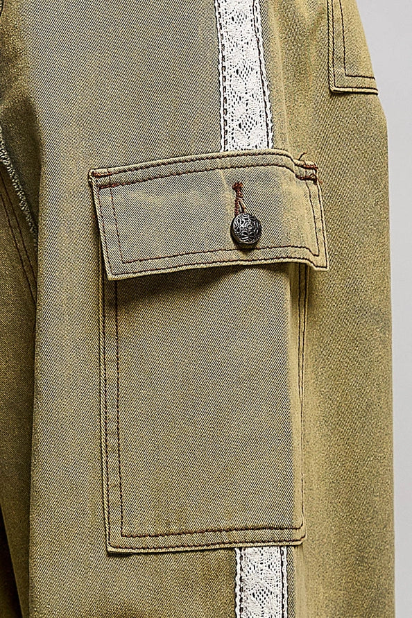 TRIM DETAIL TWILL WOVEN PANTS - OLIVE