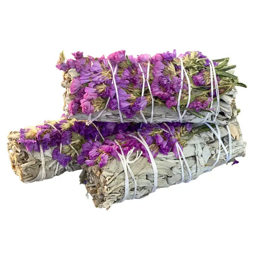 WHITE SAGE SMUDGE STICKS WITH PURPLE FLOWERS