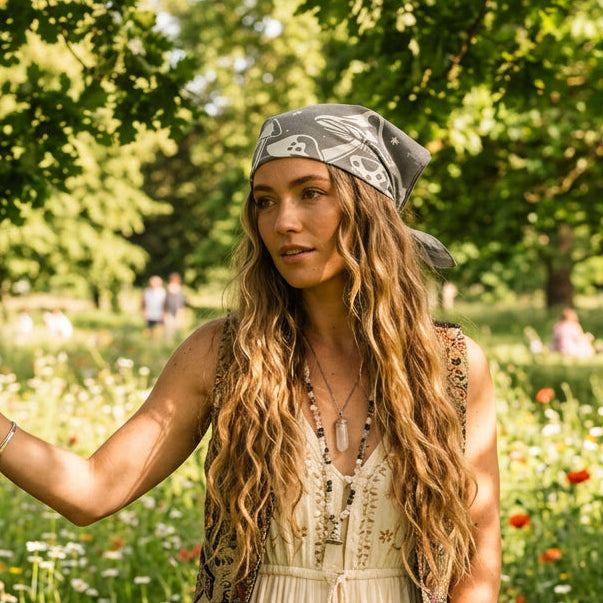 BOHO HEADBAND - CELESTIAL MUSHROOMS - GRAY