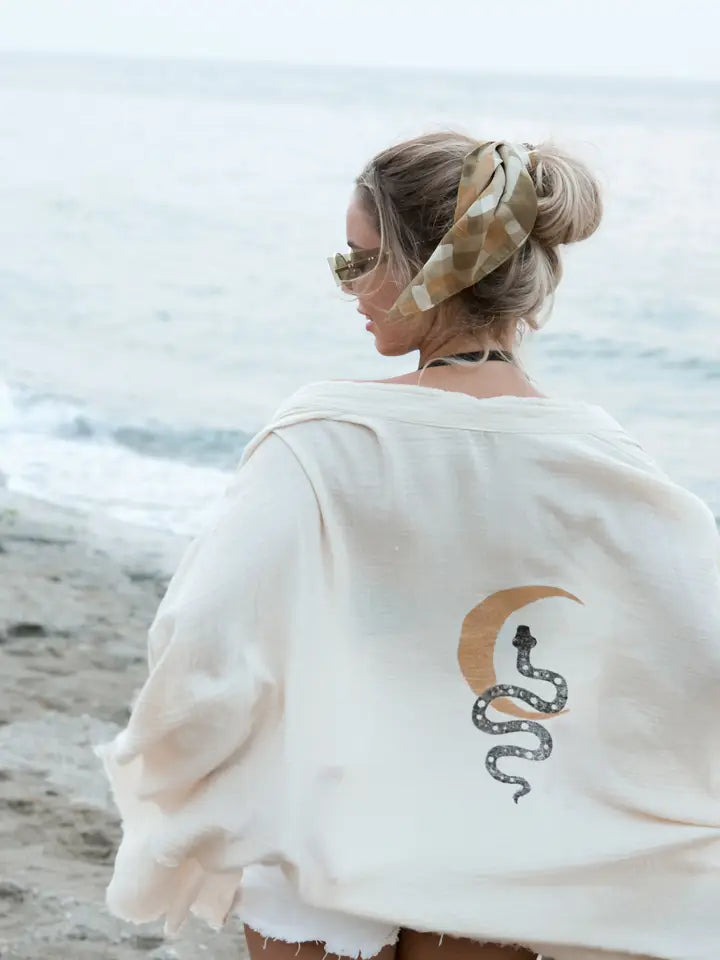 CREAM SNAKE AND MOON CELESTIAL MUSLIN ROBE - KIMONO