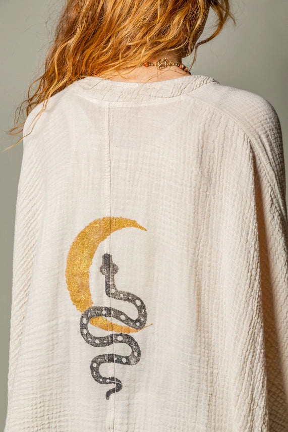 CREAM SNAKE AND MOON CELESTIAL MUSLIN ROBE - KIMONO