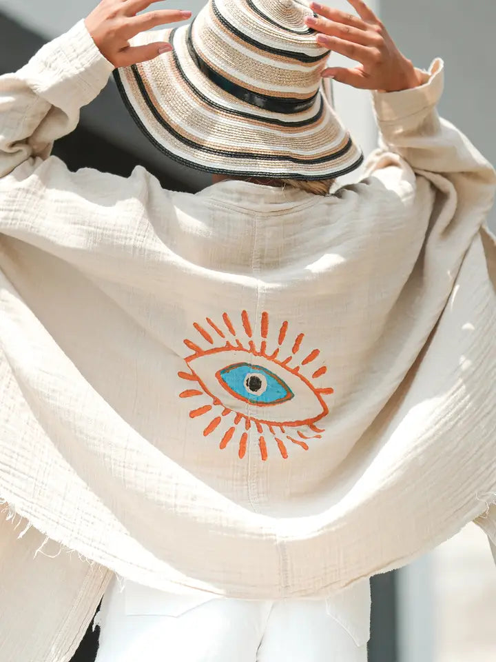 CREAM RETRO EVIL EYE MUSLIN ROBE - KIMONO