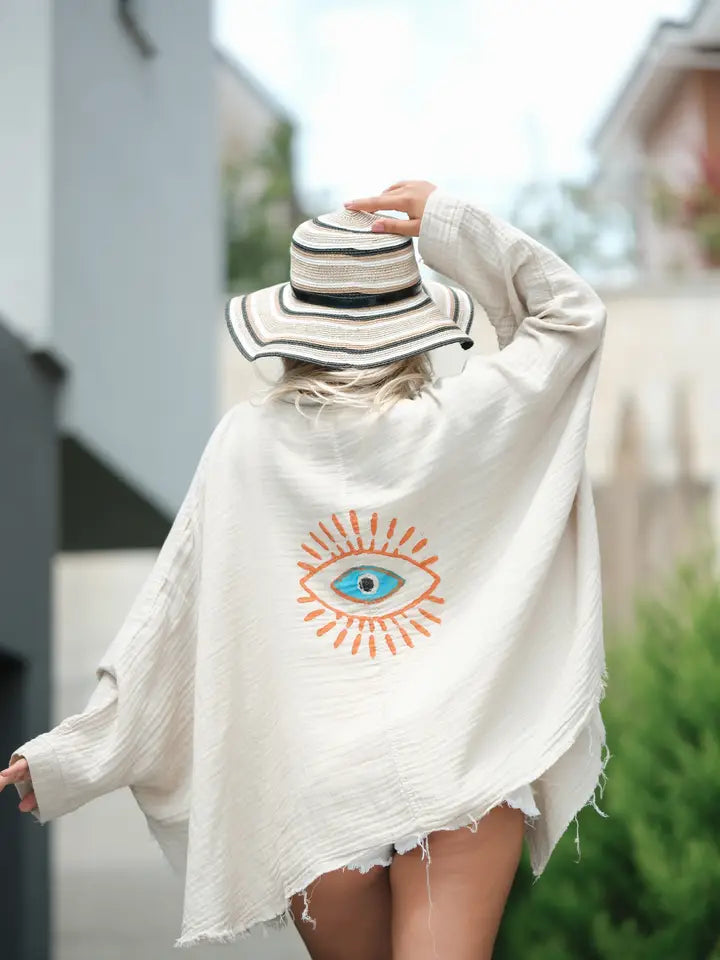 CREAM RETRO EVIL EYE MUSLIN ROBE - KIMONO