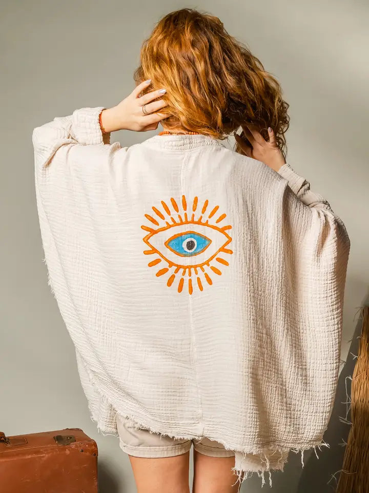 CREAM RETRO EVIL EYE MUSLIN ROBE - KIMONO