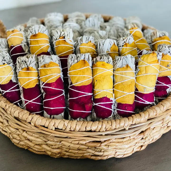 WHITE SAGE SMUDGE STICKS WITH ROSE PETALS