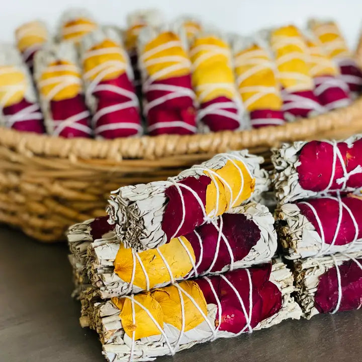 WHITE SAGE SMUDGE STICKS WITH ROSE PETALS